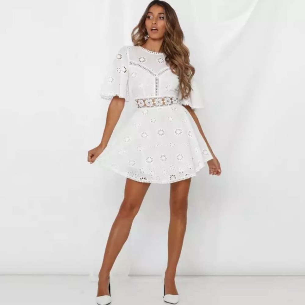 NEW White Eyelet Cutout Mini Dress - Picture 2 of 5